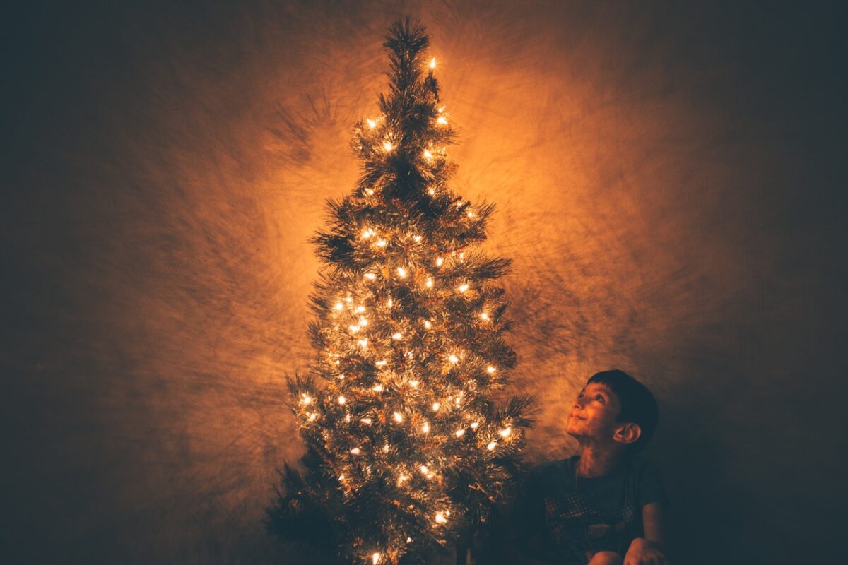 bambino con albero di natale