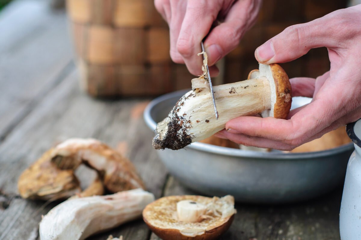 Un uomo sta pulendo i funghi in cucina