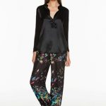 Twin-Set pantalone palazzo nero in viscosa con fiori multicolor