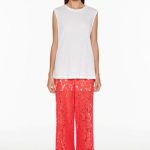 Twin-Set pantalone palazzo in pizzo color corallo