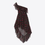 Abito monospalla nero in georgetto con stampa cherry