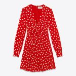 Miniabito annodato rosso e avorio in crepe di seta con stampa a pois