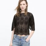 Top corto crochet nero con collo rotondo e maniche a kimono Zara