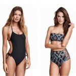 Moda Mare 2016 di H&M. Costume interò con oblò sulla schiena e due pezzi a vita alta con intrecci e fantasia geometrica