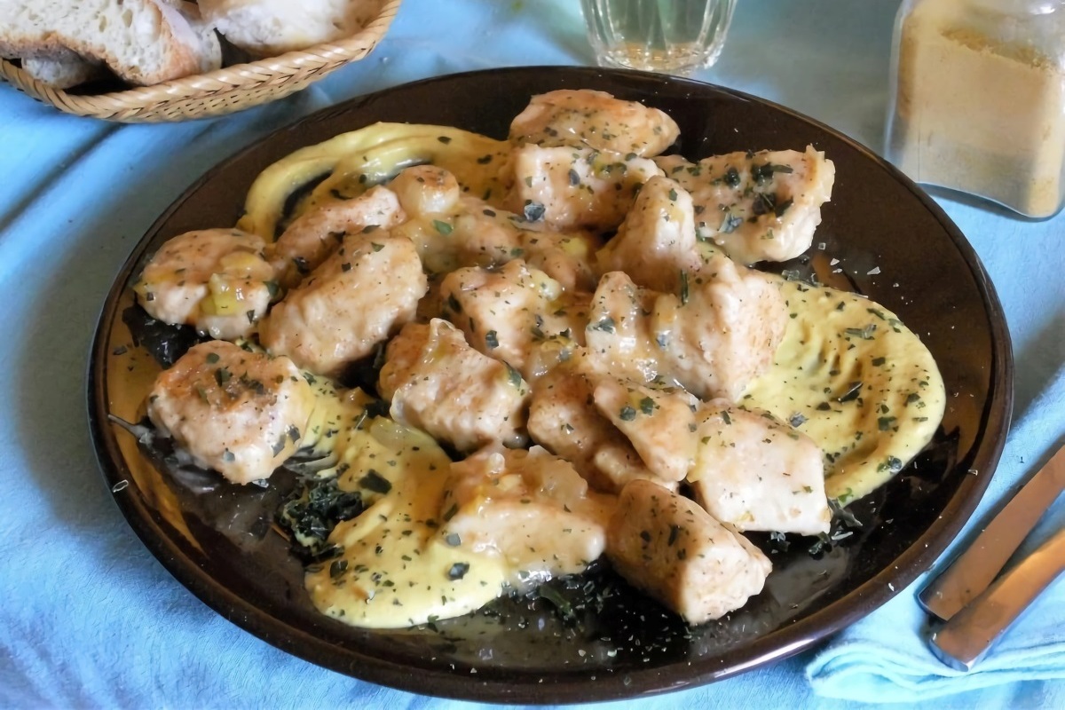 Bocconcini di pollo al vino bianco con crema di ceci, curry e yogurt