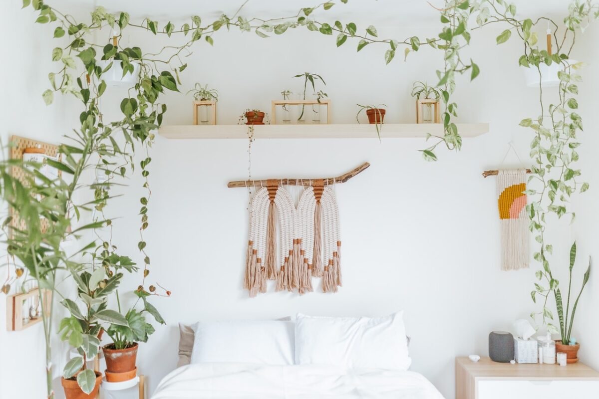 Interno di camera da letto moderna con piante e macramè appesa al muro