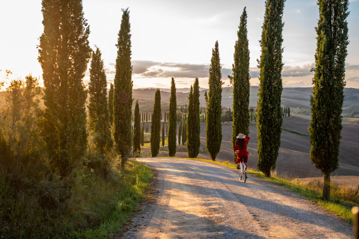 Una donna al tramonto in bicicletta