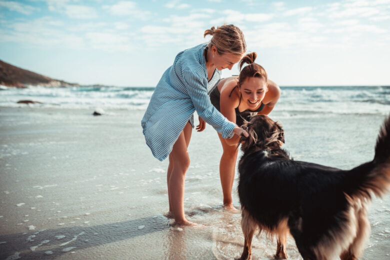 ragazze con un cane in spiaggia