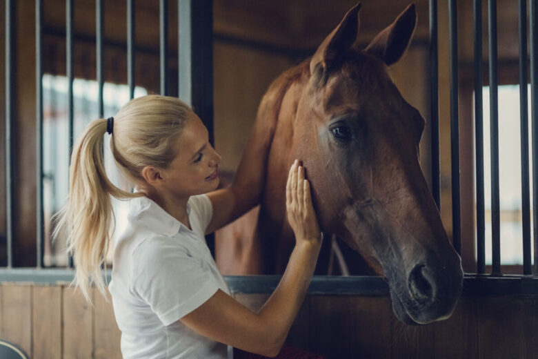 Ragazza che sta accarezzando il suo cavallo nel box