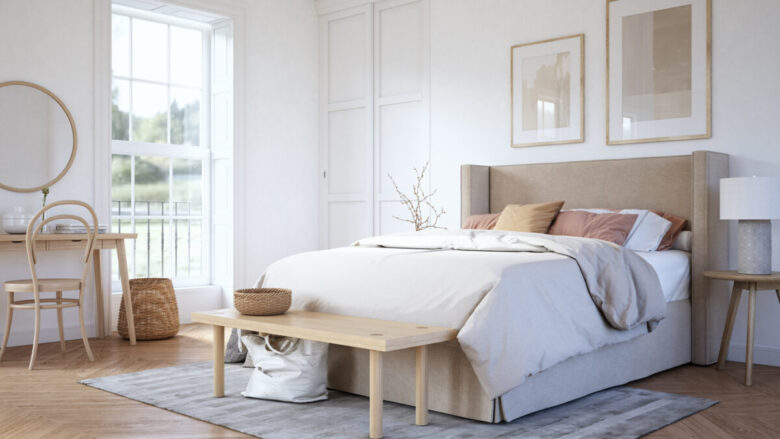 Camera da letto bianca arredata in stile moderno e minimal