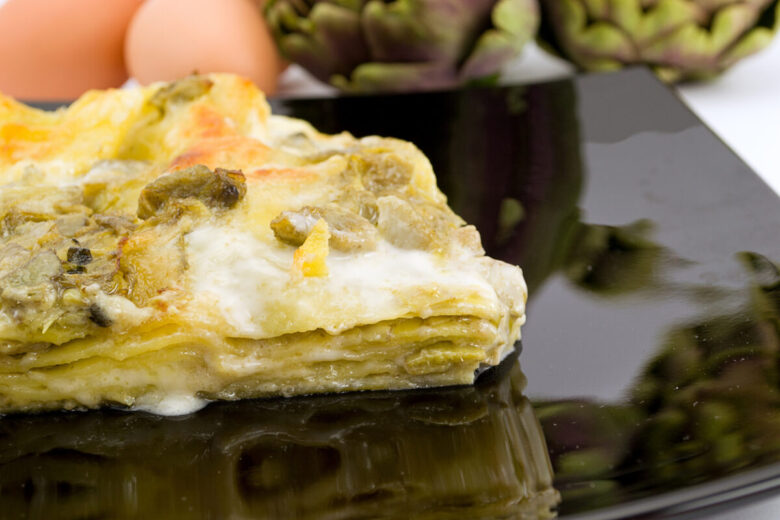 Lasagne al forno con carciofi e pancetta croccante